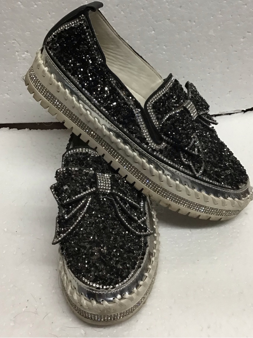 Black Crystal Bow Platform Slip-On Loafers - Women